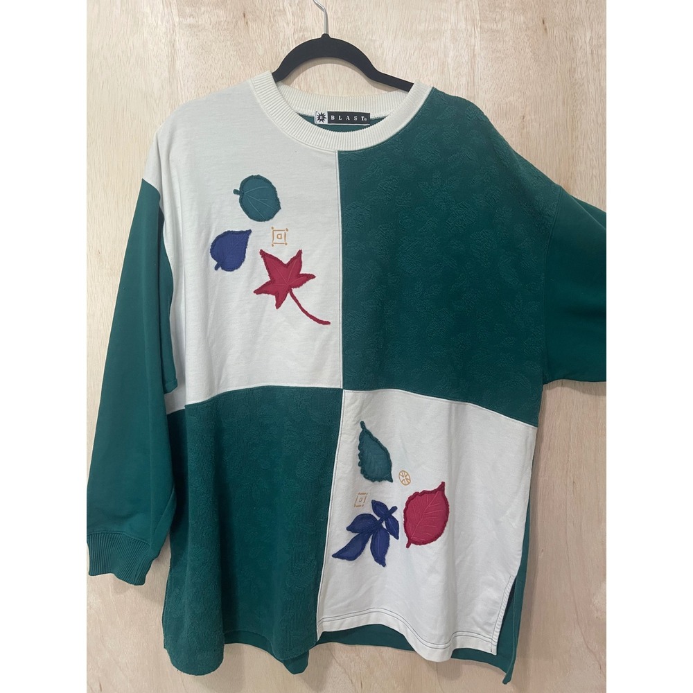 Blast Vintage Colorblock Sweatshirt Green White Leaf Applique Crewneck XL